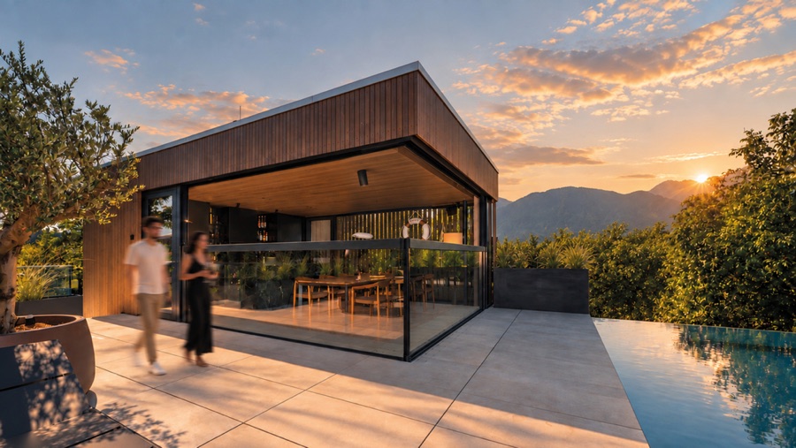 Poolhaus in Vorarlberg am Abend, Eckfront halb versenkt, zwei Personen auf der Terrasse