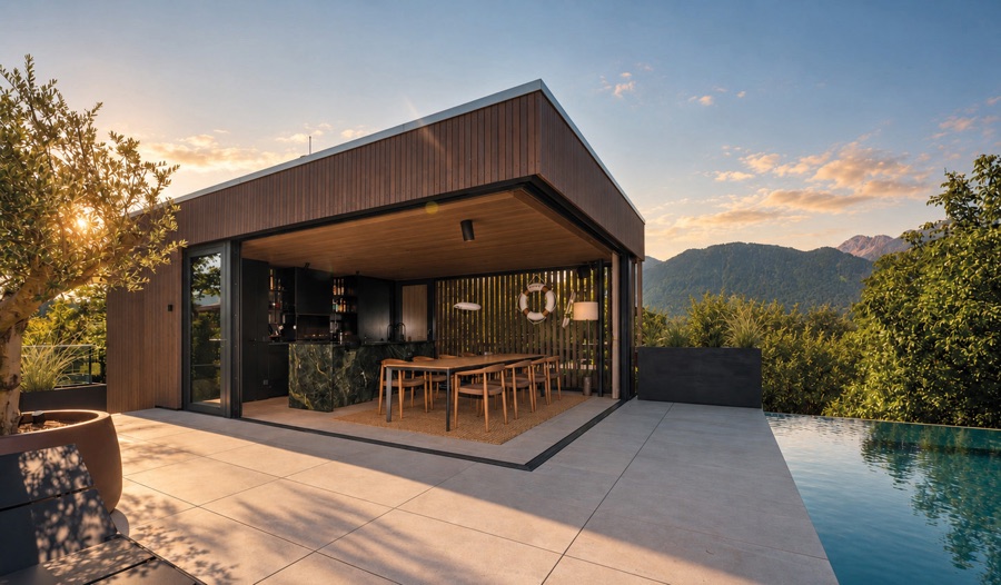 Poolhaus in Vorarlberg, Eckfront ganz versenkt, Blick in die Berge