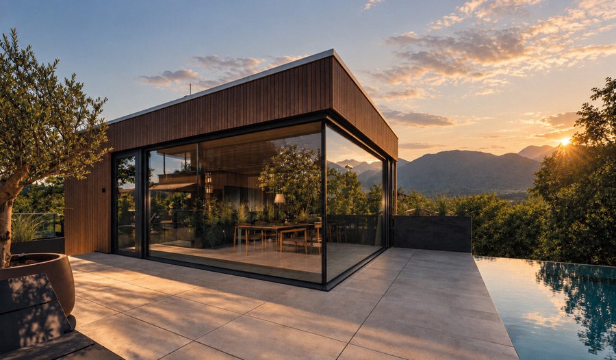 Poolhaus in Vorarlberg am Abend, Eckfront geschlossen